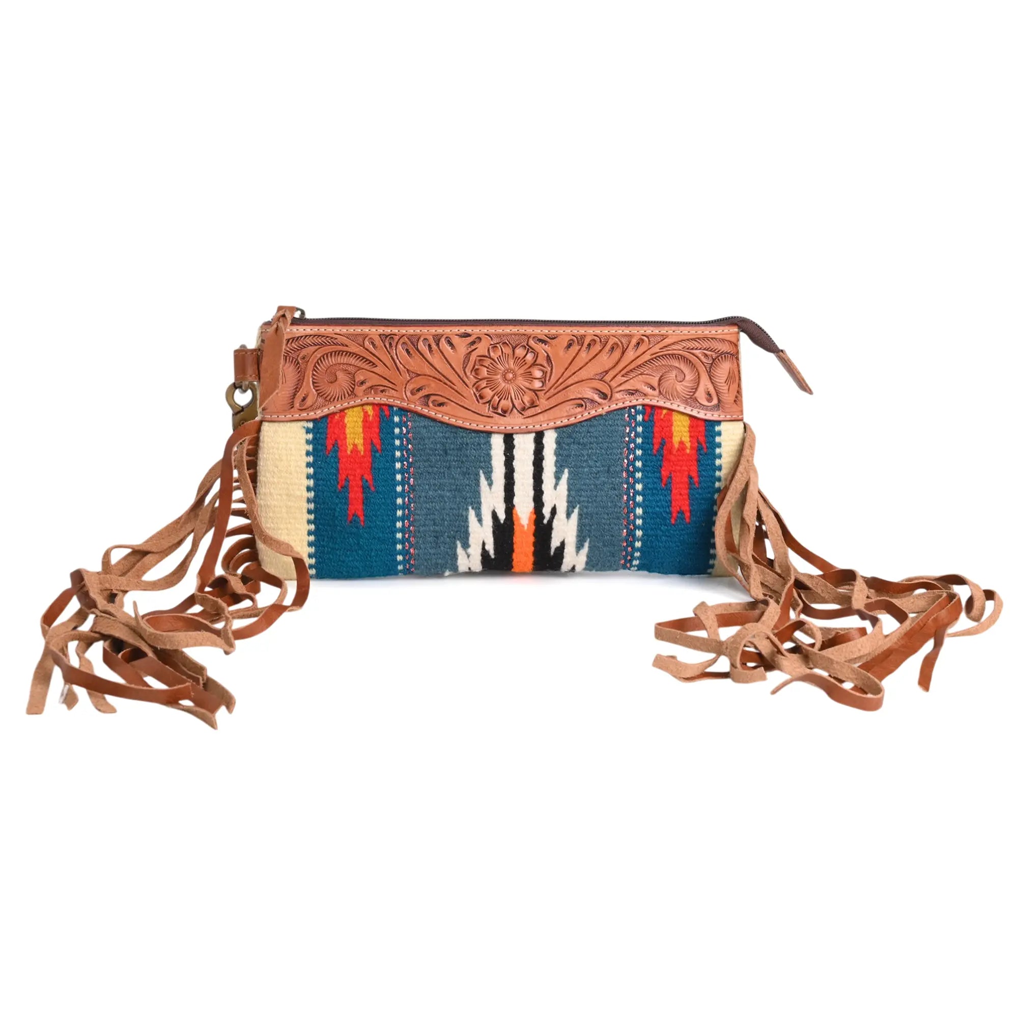 Western Saddle Blanket Hand Tooled Genuine Leather Clutch Wrist Bag - abitoamerica
